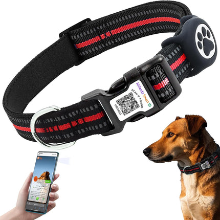 Dog Collar with Tracker Holder and QR Code ID, Waterproof Bluetooth Tracker Case, Reflective Padded Nylon for Small Medium Large Dogs