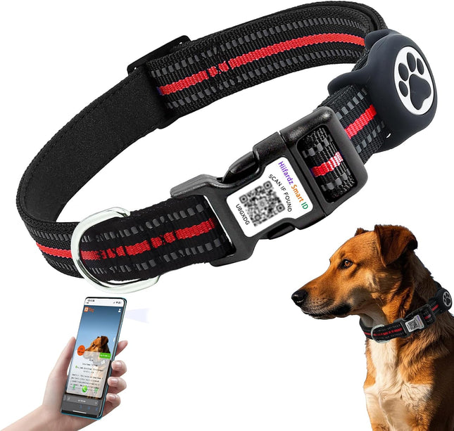 Dog Collar with Tracker Holder and QR Code ID, Waterproof Bluetooth Tracker Case, Reflective Padded Nylon for Small Medium Large Dogs
