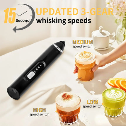 Rechargeable Milk Frother Handheld,3 Speeds Frother Wand with Stand, Coffee Frother for Coffee with 3 Stainless Whisks,Hand Mixer Electric Handheld for Lattes,Cappuccino,Matcha,Egg,Black