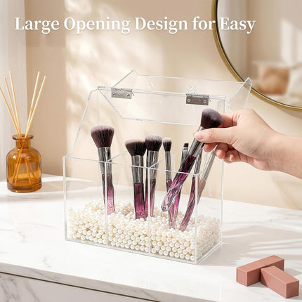 Makeup Brush Holder with Dustproof Lid, White Pearls, Acrylic Clear Makeup Brush Organizer with 3 Compartment, Large Cosmetic Brush Storage Box Case for Vanity, Bathroom, Bedroom
