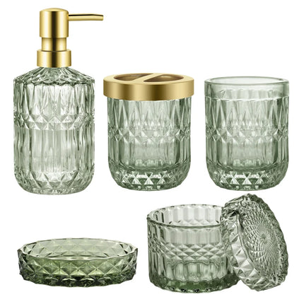Bathroom Accessories Set, 5Pcs Bathroom Soap Dispenser Set, Glass Bathroom Accessories with Glass Soap Dispenser, Soap Dish, Toothbrush Holder, Tumbler, Cotton Swab Jar (Gradient Black & Clear)