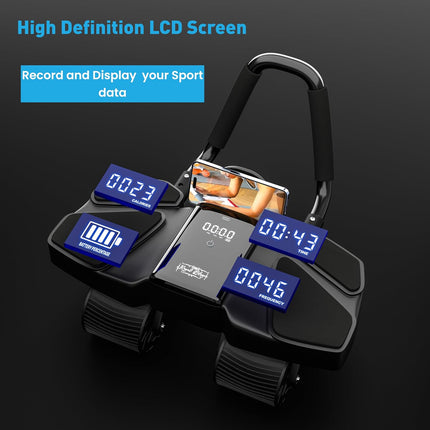 Ab Roller Home Gym Equipment – 4 Wheels Ab Wheel Muscle Roller with Automatic Rebound, Yoga Stretching Strap, 3 Resistance Bands – Comfortable Elbow Support with Non-Slip Handles – Built-In Workout Tracker