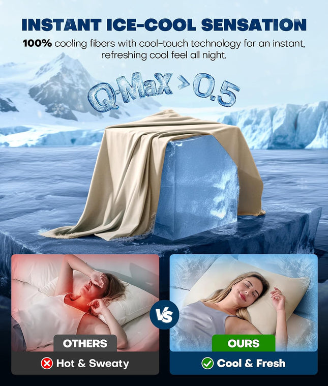 Ultra-Chill Cooling Pillowcase Set of 2 for Hot Sleepers, Softer than Silk Pillow Cases for Protecting Hair & Skin, Breathable Bed Pillow Covers W/Zipper, Gifts for Women Men(Beige, Standard)