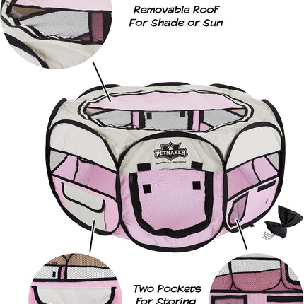Portable Puppy Playpen - Small Pop-Up Play Yard for Pets up to 25Lbs with Mesh Windows, 2 Pockets, Zippered Roof, and Carry Bag by  (Pink)