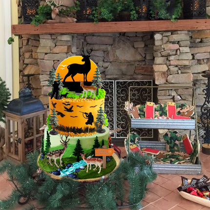 13PCS Deer Hunter Cake Decoration Set - Green Camo Hunting Birthday Decorations for Camo Camping Hunting Birthday Baby Shower Party Supplies