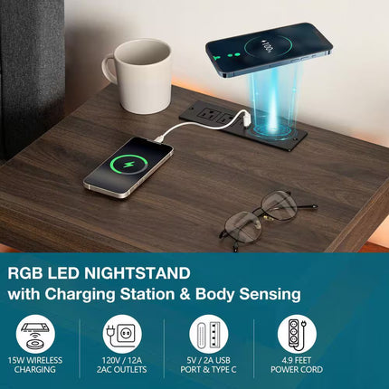 Modern Walnut 2-Drawer 19.7 In. W Nightstand with Smart LED Light and Wireless Charging Station