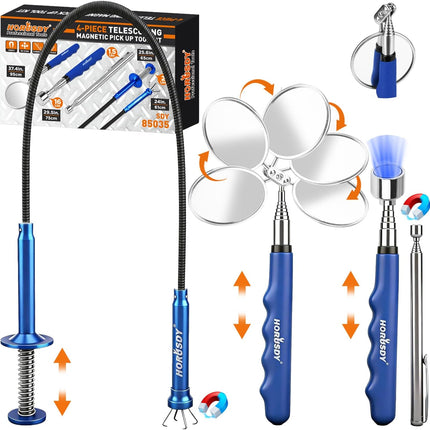 4PCS Telescoping Magnetic Pick up Tool Kit, Magnetic Sweepers Set with 360° Inspection Mirror, 2 Telescoping Magnetic Pickup Tools (5–25.6/6.9–29.5 In) & 24 in Flexible Claw Grabber