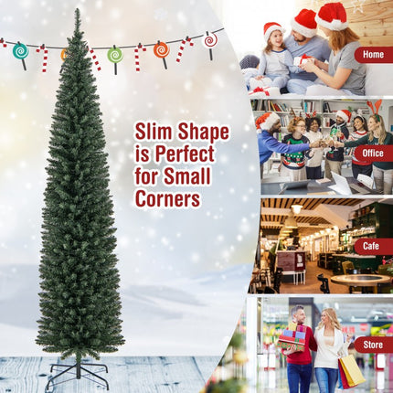 5/6/7/8/9 Feet Pre-Lit Pencil Artificial Christmas Tree with 150/180/200//300/400 Warm White LED Lights