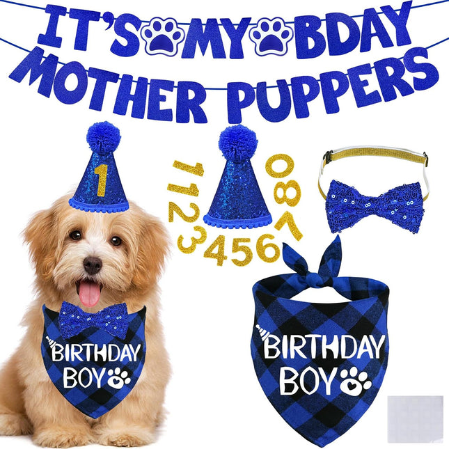 Dog Birthday Decorations, Multi Sizes Dog Birthday Hat with Numbers Bandana Bow Tie It’S My Bday Mother Puppers Banner for Small Medium Dogs Pets (Blue, Small)