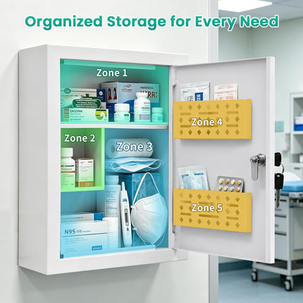 Metal Locking Wall-Mounted Medicine Cabinet, Bathroom Medicine Cabinet Organizer with 3 Compartments & 2 Door Storage Bins, First Aid Cabinet for Home Bathroom Office, Weekly Pill Organizer Included
