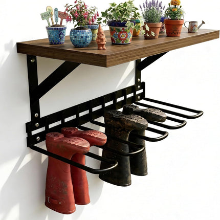 Wall Mount Boot Rack, Garden Tool Organizer with Curved Hooks & Wood Shelf,