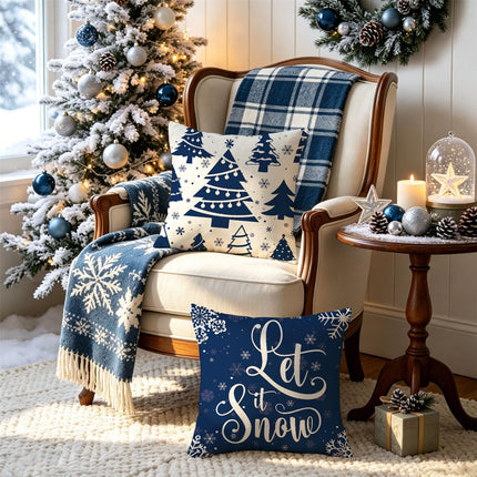 Christmas Pillow Covers 18X18 Blue Christmas Decorations Snowflake Throw Pillow Covers Xmas Tree Winter Holiday Decor Cushion Case for Sofa Couch Set of 4