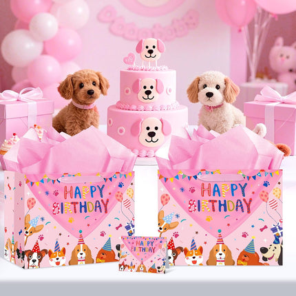 Dog Birthday Gift Bag Pink Puppy Happy Birthday Bags with Tissue Paper Greeting Card Large Cartoon Dogs Wrapping Bag for Boys Girls Dog Lover Pink Pet Bday Party Favors Supplies Decorations