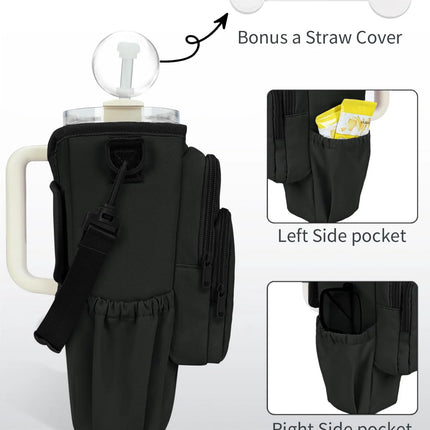 Insulated Water Bottle Carrier Bag with Strap & Handle for 30Oz 40Oz Tumbler Cup Holder Pouch with Phone Pocket & Straw Cover, Black