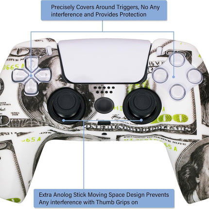 Water Transfer Printing Silicone Thickened Cover Skin Case for PS5 Controller X 1(US Dollars) with Thumb Grips X 10