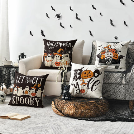 Halloween Ghost Boo Y'All Car Pumpkin Throw Pillow Covers, 18 X 18 Inch Let'S Get Spooky Cushion Case Decoration for Sofa Couch Set of 4