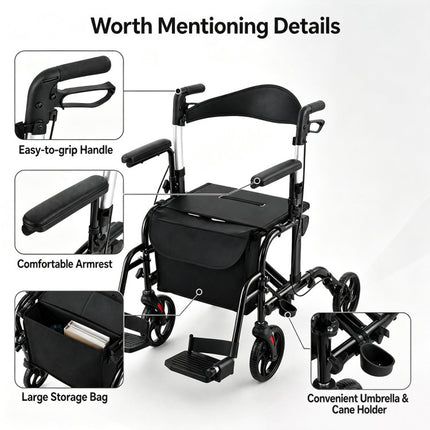 2-In-1 Folding Rollator Walker with Adjustable Handles and Reversible Backrest