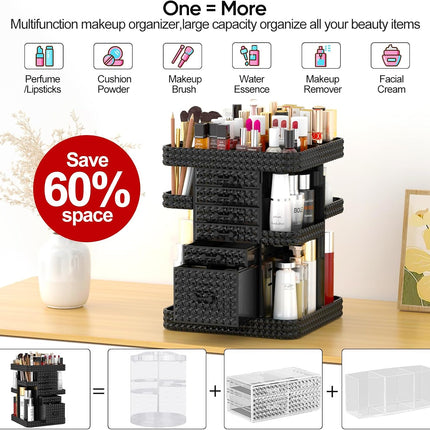 2 Pack Makeup Organizer Set, Black Makeup Organizer with 6 Drawers, Clear 2 Tier Rotating Makeup Organizer