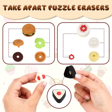 24 Pcs Mini Food Erasers, 3D Fruit Cake Dessert Pencil Erasers, Take Apart Puzzle Eraser Bulk for Classroom Prizes, Gifts Supplies, Back to School Party Party Favors