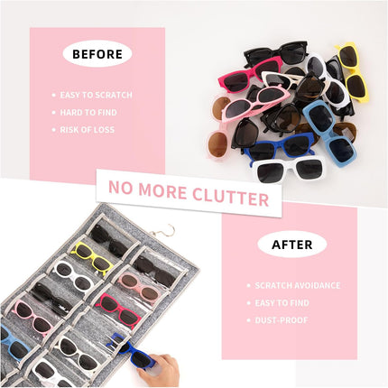 Dual Sided Sunglasses Storage Organizer Case, Eyeglasses Holder Wall Mounted with 32 Clear Slots & Metal Hook, Dust Proof Sunglasses Storage Case