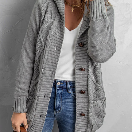 Hooded Cardigan Sweaters for Women Long Sleeve Button down Knit Sweater Coat Outwear with Pockets