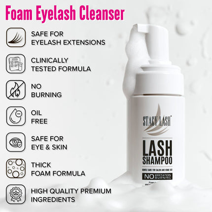 Lash Shampoo 50Ml Kit Korean Makeup Remover with Eye Lash Spoolies & Rinse Bottle & Cleansing Pad & Brush for Eyelash Extensions & Clusters & Natural Eyelashes