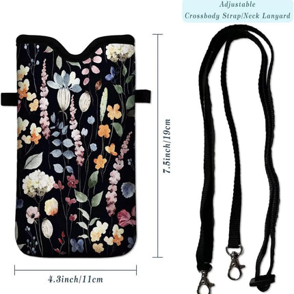 Cell Phone Sleeves Bag Case Crossbody Neoprene Holder Lanyard Phone Pouch for Women Men 7.5 X 4.5 Inches - Flowers
