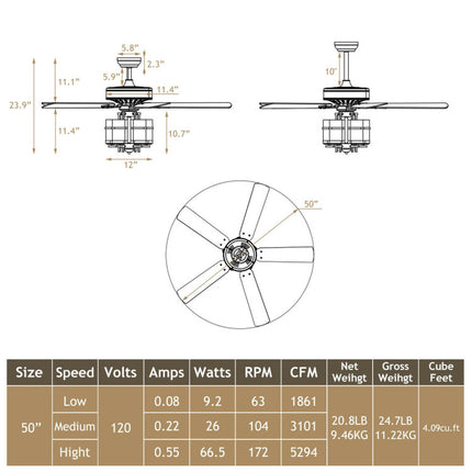 50 Inch Noiseless Ceiling Fan Light with Explosion-Proof Glass Lampshades