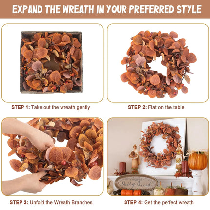 Fall Wreaths for Front Door, 22" Artificial Eucalyptus Leaves Autumn Wreaths Modern Farmhouse Fall Decoration for Home