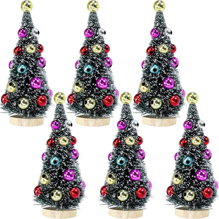 6 Pcs Artificial Mini Christmas Trees 4.3 Inch Frosted Green Bottle Brush Trees with Wood Bases Sisal Trees with White Snow and Ornaments for Winter Christmas Holiday Dollhouse Miniature Décor