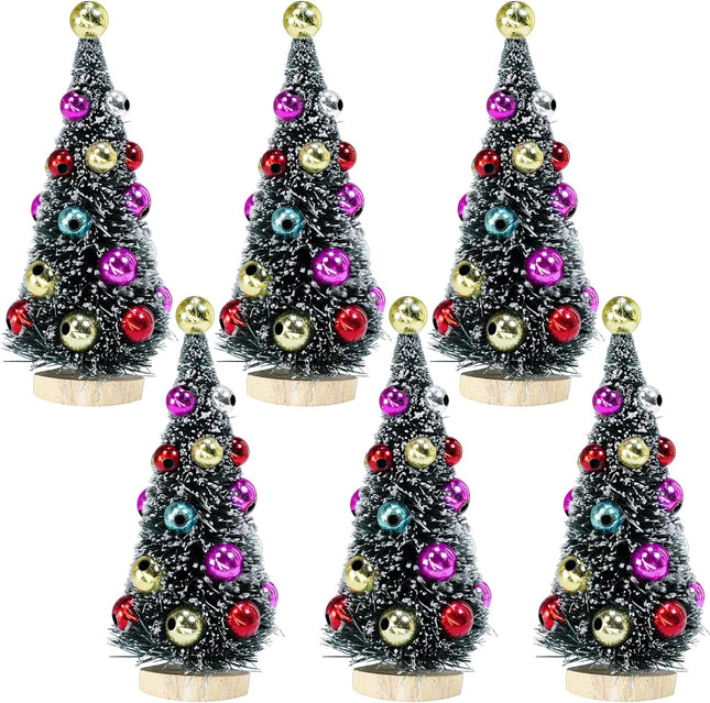 6 Pcs Artificial Mini Christmas Trees 4.3 Inch Frosted Green Bottle Brush Trees with Wood Bases Sisal Trees with White Snow and Ornaments for Winter Christmas Holiday Dollhouse Miniature Décor