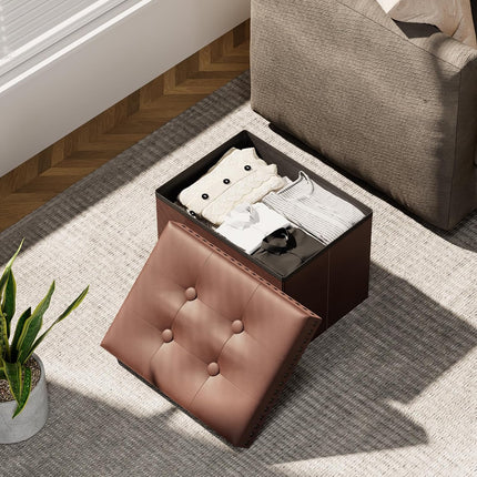 Ottoman Faux Leather Storage Ottoman Bench, Rectangular Storage Ottoman for Bedroom End of Bed, Brown Leather Footrest Ottoman with Toy Blanket Storage 16" D X 12" W X 12" H (Small)