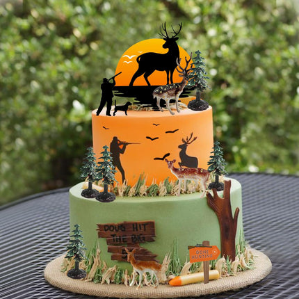 13PCS Deer Hunter Cake Decoration Set - Green Camo Hunting Birthday Decorations for Camo Camping Hunting Birthday Baby Shower Party Supplies