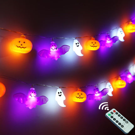 Halloween String Lights, 16.4FT 30 LED Pumpkin Bat Ghost Battery Operated Orange and Purple Lights Strobe 8 Lighting Modes Timer Fairy Indoor Outdoor Window Front Porch Decor Party Decorations