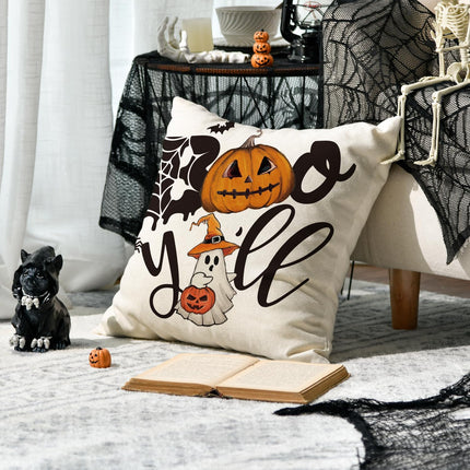 Halloween Ghost Boo Y'All Car Pumpkin Throw Pillow Covers, 18 X 18 Inch Let'S Get Spooky Cushion Case Decoration for Sofa Couch Set of 4