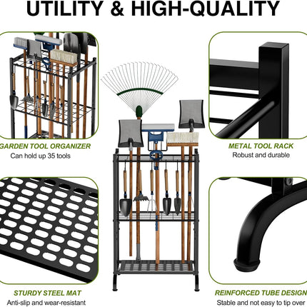 Garden Tool Organizer with Storage Hooks, Yard Tool Tower Rack for Garage Organization and Storage, up to 35 Long-Handled Tools, Metal Tool Holder with 6 Hooks, Black