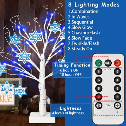 [Timer] 24'' Hanukkah LED Lighted Birch Tree with 12Pcs Ornaments,8 Lighting Modes Blue Lights Tabletop Pre Lit Tree Light for Christmas Hanukkah Decor