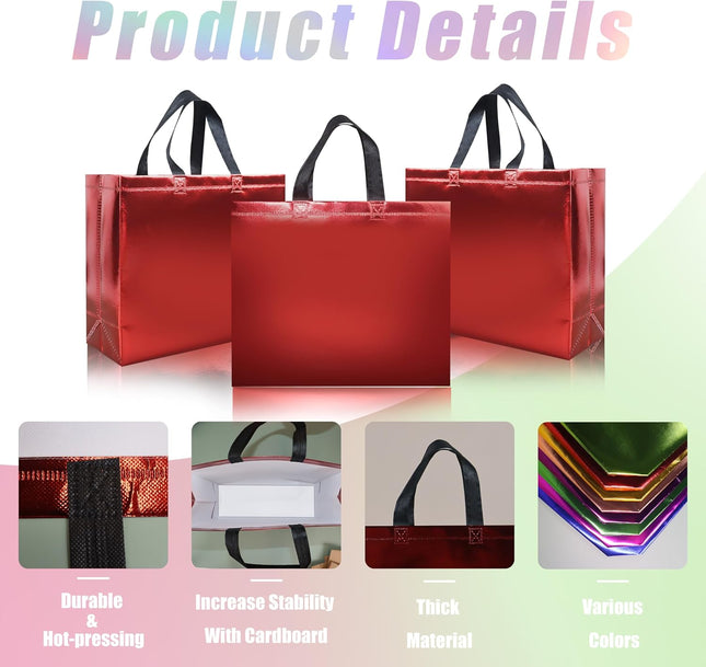 15 Pcs Glossy Red Reusable Gift Bags with Handles, 12.6 X 4.7 X 11 in Party Bags with Sturdy Base, Holiday Goodie Bag Bulk for Birthday, Wedding, Party, Xmas