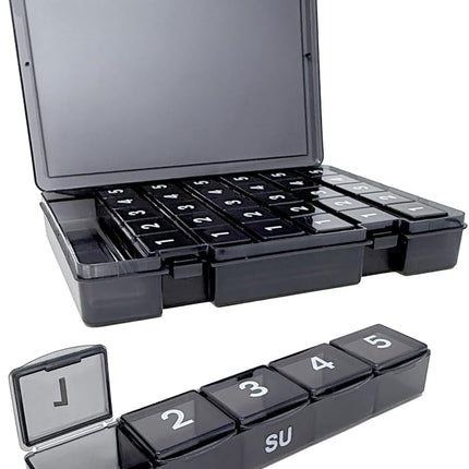 7-Day Weekly Pill Organizer with Secure Case, 5 Compartments per Day, Removable Tray, Medication Schedule, Travel Pill Box-Complex Medication Routine (5 Time-A-Day - Black)
