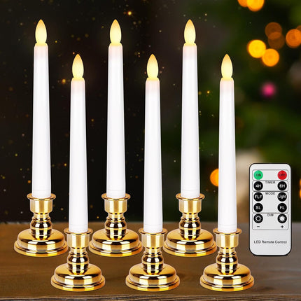 Flameless Window Candles with Gold Bases, Battery Operated Taper Candle with 4H/6H Daily Timer, Remote Window Candle with Unique Flame
