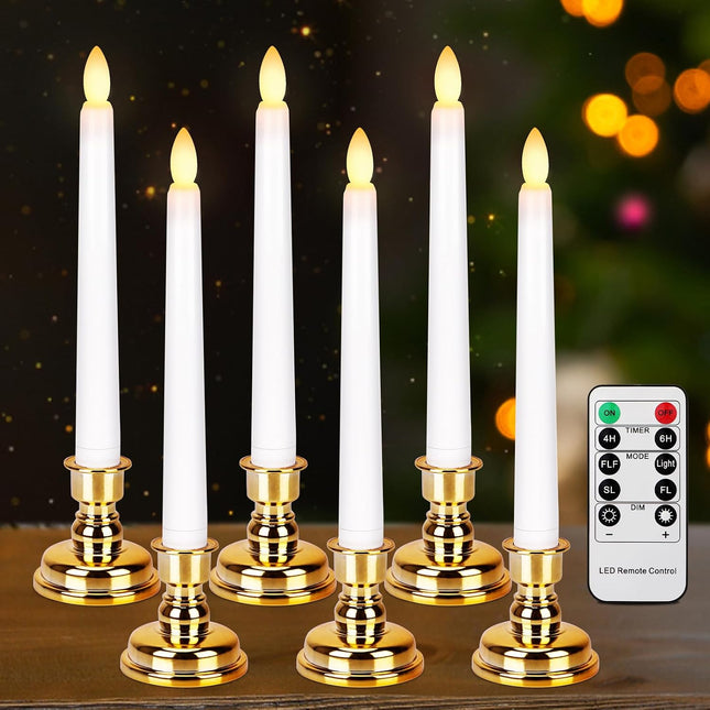 Flameless Window Candles with Gold Bases, Battery Operated Taper Candle with 4H/6H Daily Timer, Remote Window Candle with Unique Flame