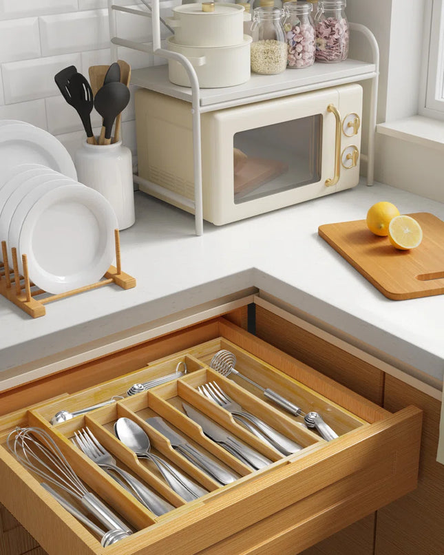 Silverware Organizer - Expandable Bamboo Kitchen Drawer Organizer for Cooking Utensils and Cutlery, Sturdy & Thickened Kitchen Organizers and Storage Solution, Large, White