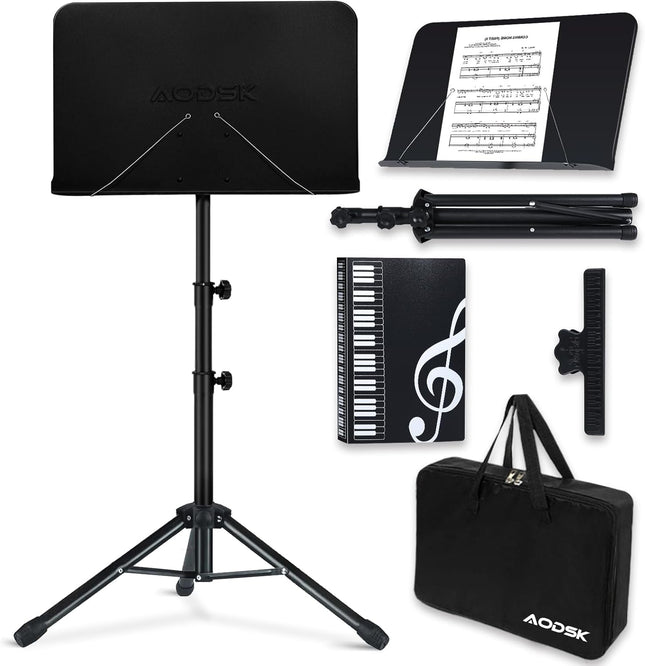 Sheet Music Stand,5 in 1 Dual-Use Folding Sheet Music Stand & Desktop Book Stand with Portable Carrying Bag & Music Sheet Clip Holder & Sheet Music Book(Black) (AS-M55)