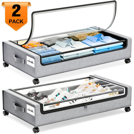under Bed Storage with Wheels:2 Pack under the Bed Storage Bins, Collapsible under Bed Storage Bags for Clothes, Sheets,Shoes,Linen-Like Grey
