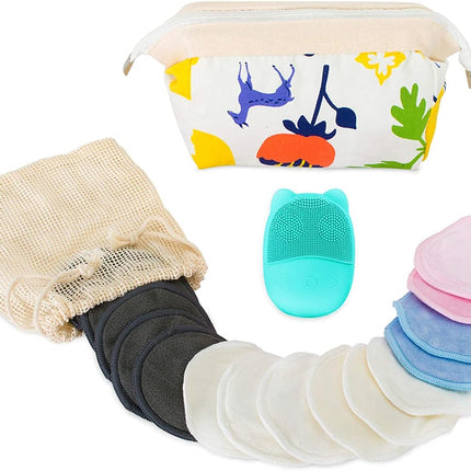 Vibelle Facial Cleansing Brush, Soft Facial Waterproof Exfoliator Cleanser With16 Pack Reusable Makeup Cleanser Pads- Face Scrubber with Travel Makeup Bag (Green)