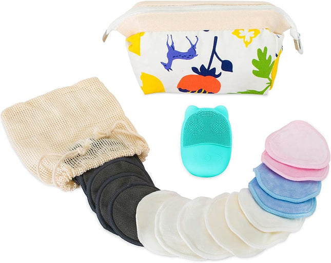Vibelle Facial Cleansing Brush, Soft Facial Waterproof Exfoliator Cleanser With16 Pack Reusable Makeup Cleanser Pads- Face Scrubber with Travel Makeup Bag (Green)