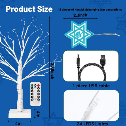 [Timer] 24'' Hanukkah LED Lighted Birch Tree with 12Pcs Ornaments,8 Lighting Modes Blue Lights Tabletop Pre Lit Tree Light for Christmas Hanukkah Decor