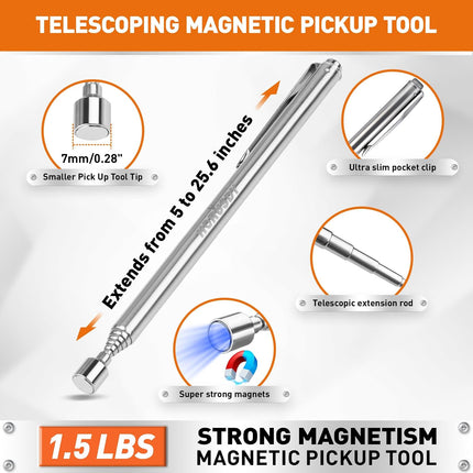 4PCS Telescoping Magnetic Pick up Tool Kit, Magnetic Sweepers Set with 360° Inspection Mirror, 2 Telescoping Magnetic Pickup Tools (5–25.6/6.9–29.5 In) & 24 in Flexible Claw Grabber