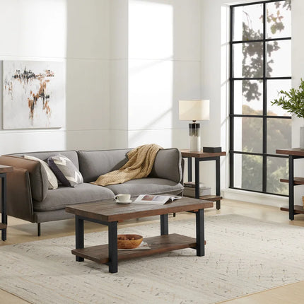 Rundell Pomona Rustic Industrial Modern Vintage Metal and Solid Wood Coffee Table with Storage, Easy Assembly, Small Rectangle Coffee Table, 42 in X 24 in X 18 In