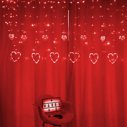 Valentines Day Lights, 138LED 9FT 12Heart Curtain String Lights with 8 Modes, Plug in Galentines Decorations for Indoor Window Outdoor Wedding Party Decor (Red)